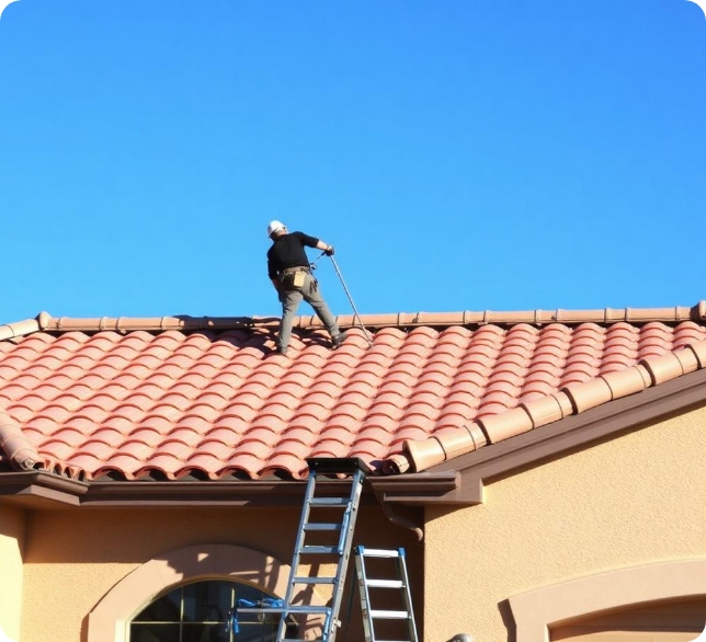Professional roofing worker installing red clay roof tiles on Mediterranean-style Arizona home
