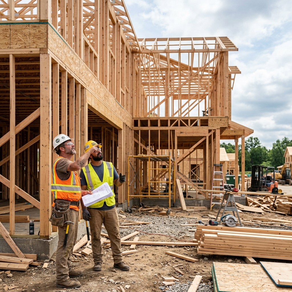 General contractor project managers inspecting wood frame construction site with architectural blueprints in Chandler AZ