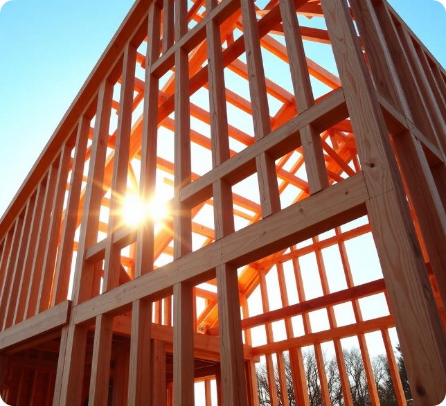 New residential custom home timber framing studs and roof trusses bathed in Arizona sunlight