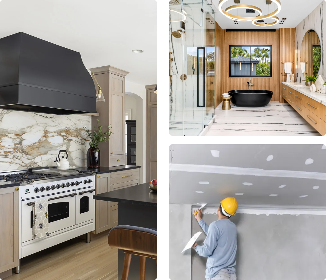 Composite showcase of luxury kitchen remodeling, modern spa bathroom design, and precision drywall craftsmanship in Chandler AZ