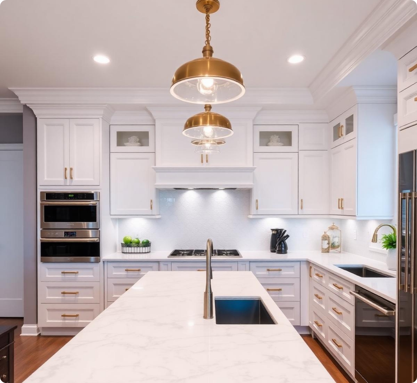 Custom white kitchen remodel featuring marble island countertops, gold brass pendant lights, and built-in appliances
