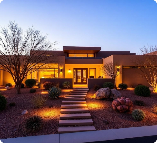Modern desert luxury custom home with exterior architectural lighting and xeriscape landscaping at twilight