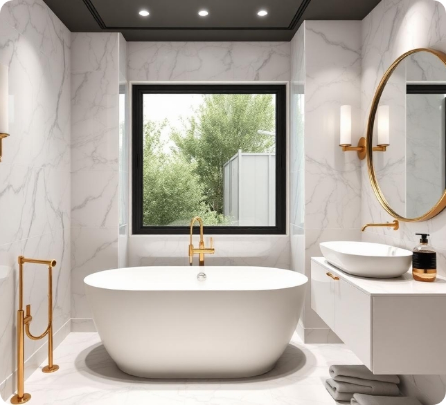 Luxury master bathroom renovation with freestanding soaking tub, gold hardware fixtures, and marble wall tile